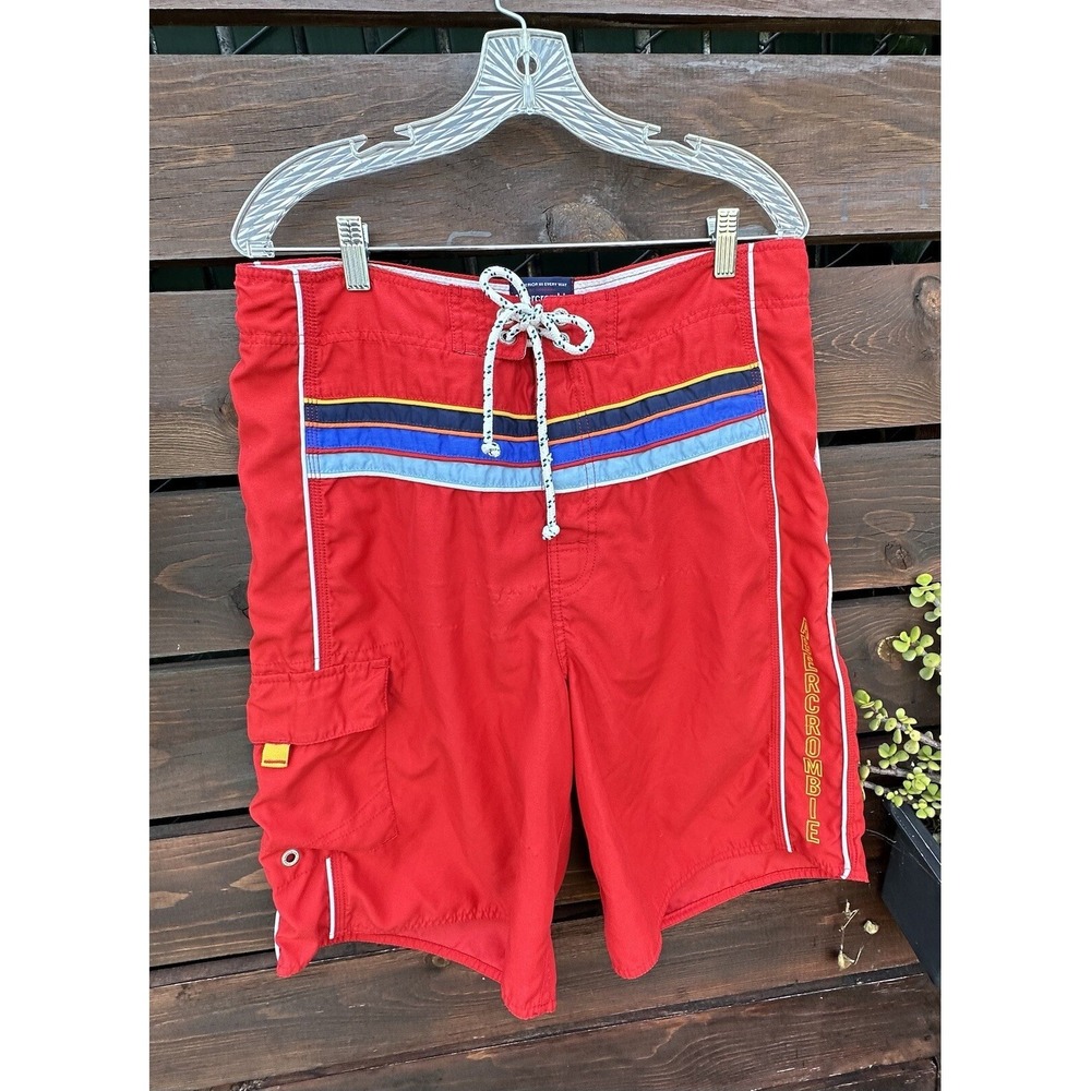 Abercrombie & Fitch Swim Trunks Mens  Red Spellout Board Shorts Y2K Size 32